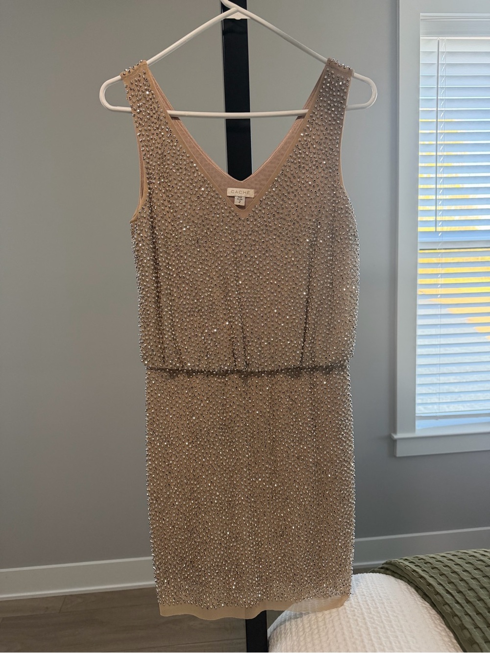 Cache Sparkle Beaded Nude Cocktail Dress